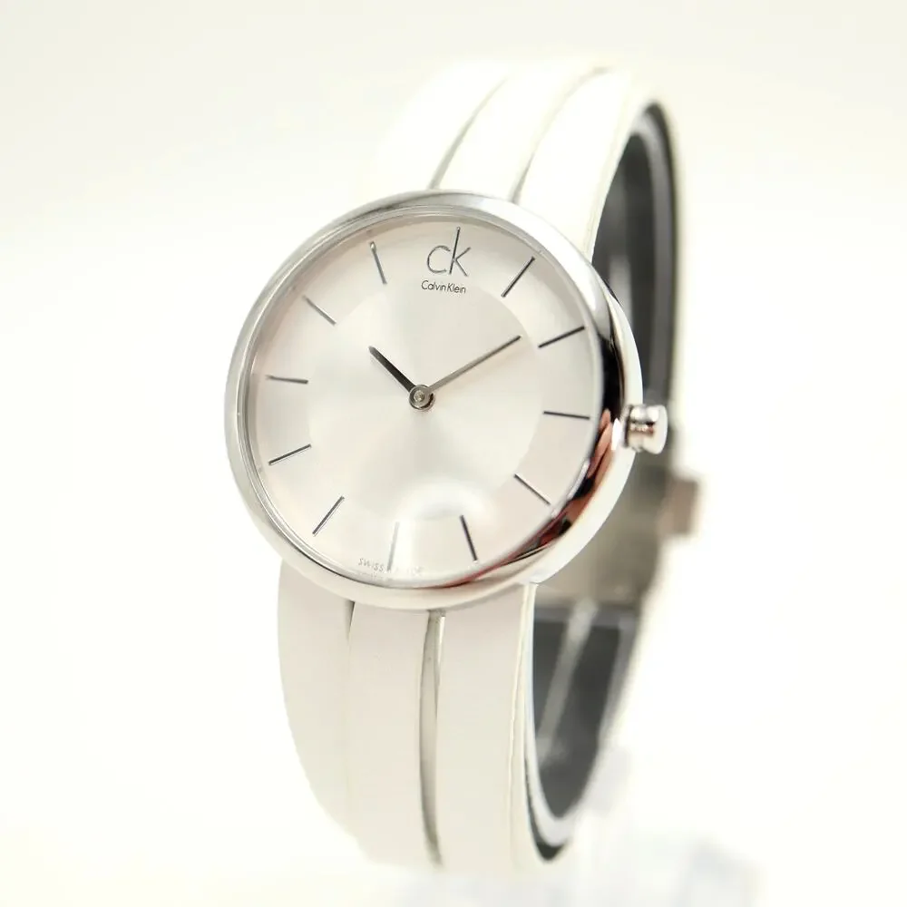 Calvin Klein Swiss Made Silver Tone 32mm Women Watch White Leather w New Battery